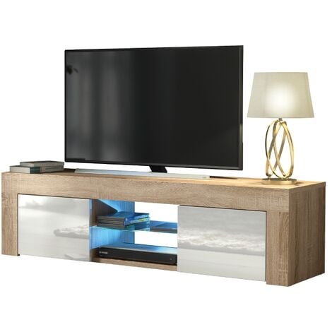 OLIVIAFURNITURE TV Unit 130cm Sideboard Cabinet Cupboard TV Stand Living Room High Gloss Doors - Oak & White