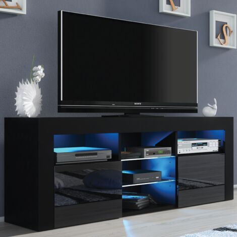 OLIVIA FURNITURE TV Unit 145cm Black Modern Stand Gloss Doors Free LED