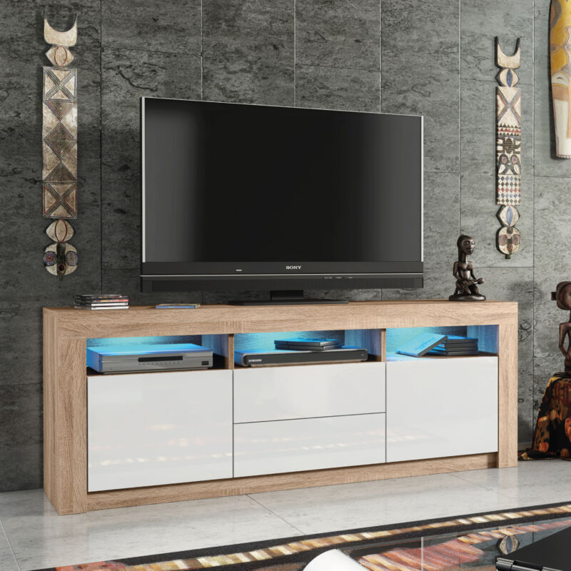 Olivia Furniture - Shine tv Unit 160cm - Oak with White Gloss Doors & led