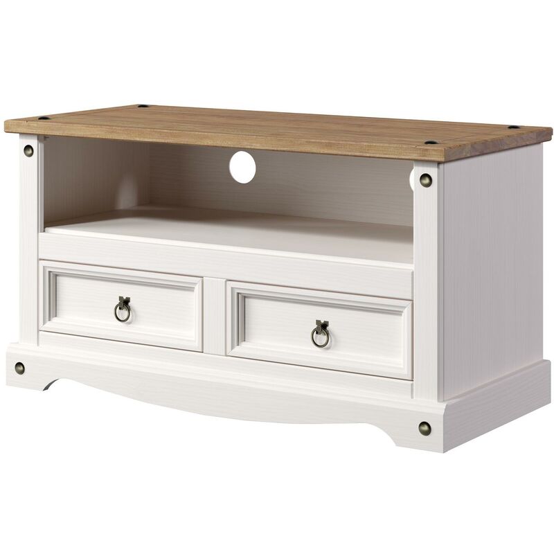 Home Source - tv Unit Pine White Painted Finish 2 Drawers Living Room Home Furniture
