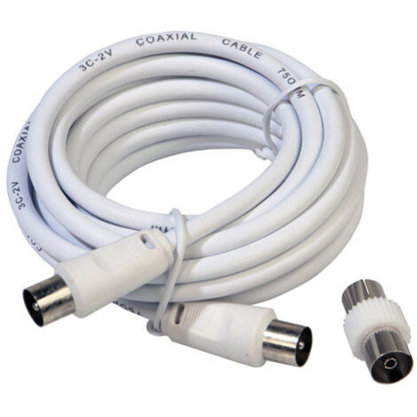 TV-Video-Verlängerung männlich-männlich 3 Meter/Ø 9,5 mm. Mit weißem Stecker-Buchsen-Adapter