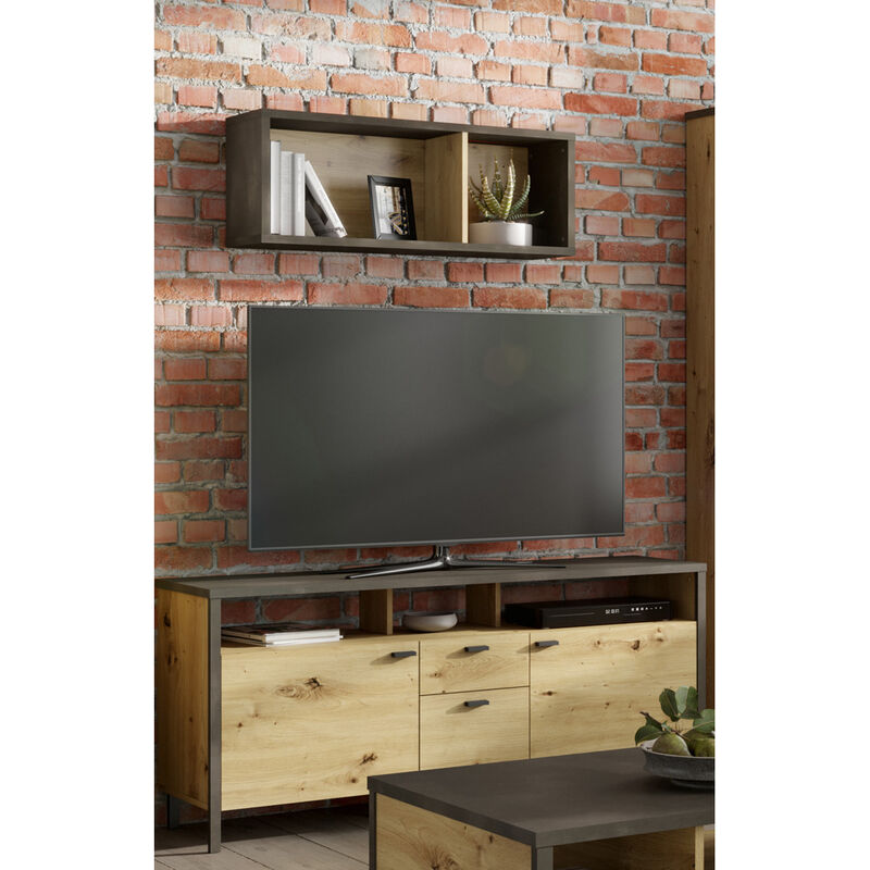 TV-Lowboard & Wandregal Set INDORE-10, Industrial Style, Artisan Eiche Nb./Stahl dunkel, B/H/T: ca. 143/65/40,5 cm