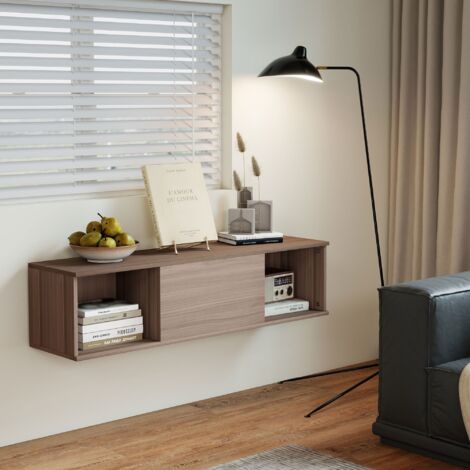 TV-Wandregal mit Klapptür und 2 offenen Fächern, Braun, 120 × 30 × 29,5 cm