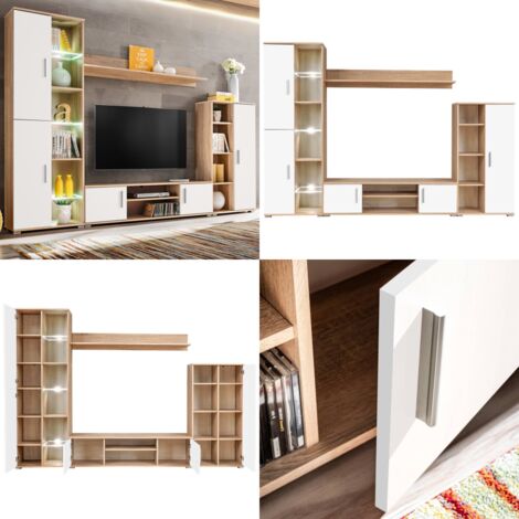 TV-Wohnwand mit LED-Leuchten Sonoma Eiche und Weiß - TV-Wand - Fernsehschrank - Wohnwand - Sideboard - Aufbewahrung - Home & Living