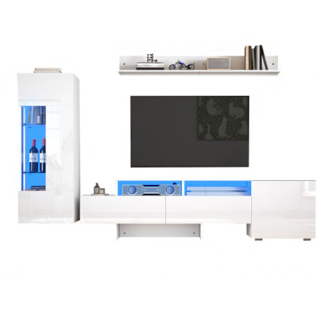 TV Wohnwand Set 3-teilig, Hochglanz TV Wohnzimmermöbel-Set mit LED, modernes TV-Schrank,stehend und hängend, Acryl-Schranktüren, Glastrennwand, Weiß, TV bis 70'