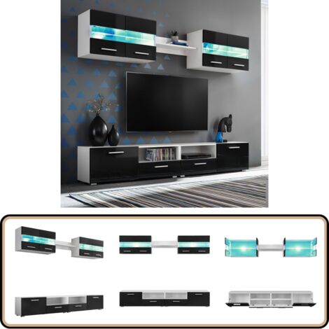 TV-Wohnwand-Set 5-tlg. LED-Leuchten Hochglanz-Schwarz - TV-Wandboard - Fernsehschrank - Wohnzimmermöbel - Regal - Holzmöbel