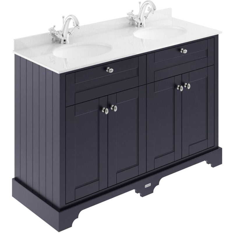 Old London Twilight Blue 1200mm 4 Door Vanity Unit with White Marble Top and Double 1 Tap Hole Basins - LOF364