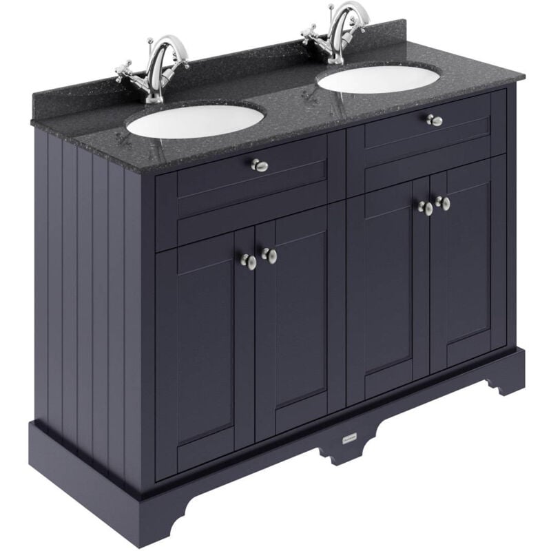 Old London Twilight Blue 1200mm 4 Door Vanity Unit with Black Marble Top and Double 1 Tap Hole Basins - LOF363