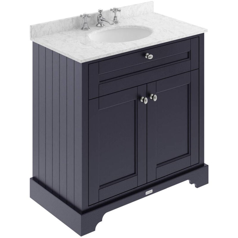 Old London Twilight Blue 800mm 2 Door Vanity Unit with Grey Marble Top and Basin with 3 Tap Holes - LOF332 - Blue