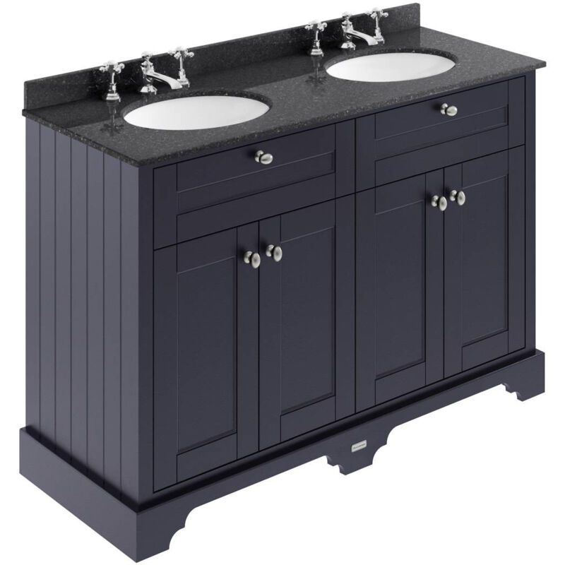 Old London Twilight Blue 1200mm 4 Door Vanity Unit with Black Marble Top and Double 3 Tap Hole Basins - LOF366