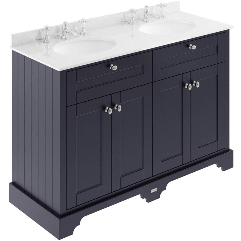 Old London Twilight Blue 1200mm 4 Door Vanity Unit with White Marble Top and Double 3 Tap Hole Basins - LOF367