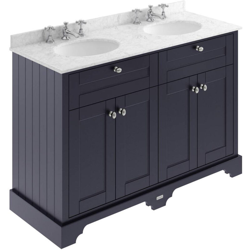 Old London Twilight Blue 1200mm 4 Door Vanity Unit with Grey Marble Top and Double 3 Tap Hole Basins - LOF368