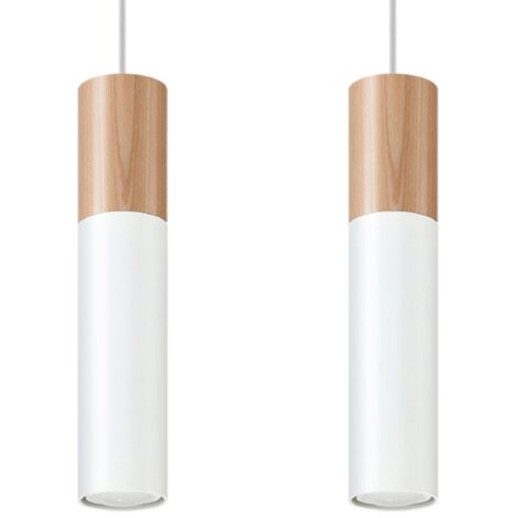 Twin Hanging Pendant Light White, Natural Wood GU10 Twin Pendelleuchte Weiß, Naturholz GU10