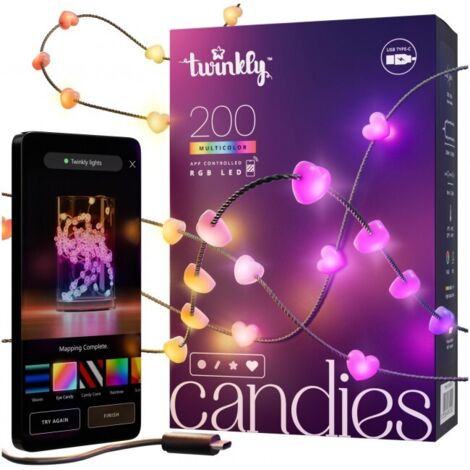 Twinkly Candies - Cadena de luces de Navidad con 200 LED RGB - Controlada por App y alimentada por USB-C - Decoración inteligente para interiores, 12m, Corazón, Cable Verde