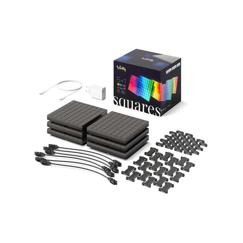 Squares Starter Kit – Panneaux led Contrôlés par Application avec 64 Pixels rvb. Noir. 1 Tuile Principale + 5 Tuiles d'Extension - Twinkly