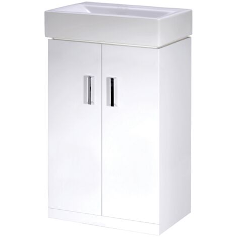 Two Door Cloakroom Vanity Ceramic Basin Unit in Gloss White Finish