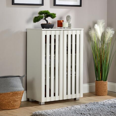 Two-Door White Shoe Cabinet with Adjustable Shelves Compact Entryway Organiser