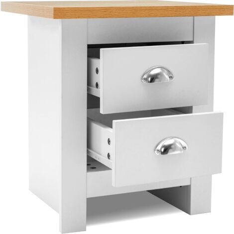 Two-Drawer Bedside Table Cabinet Wooden Top Nightstand White Bedroom Furniture Small Space Storage End Table