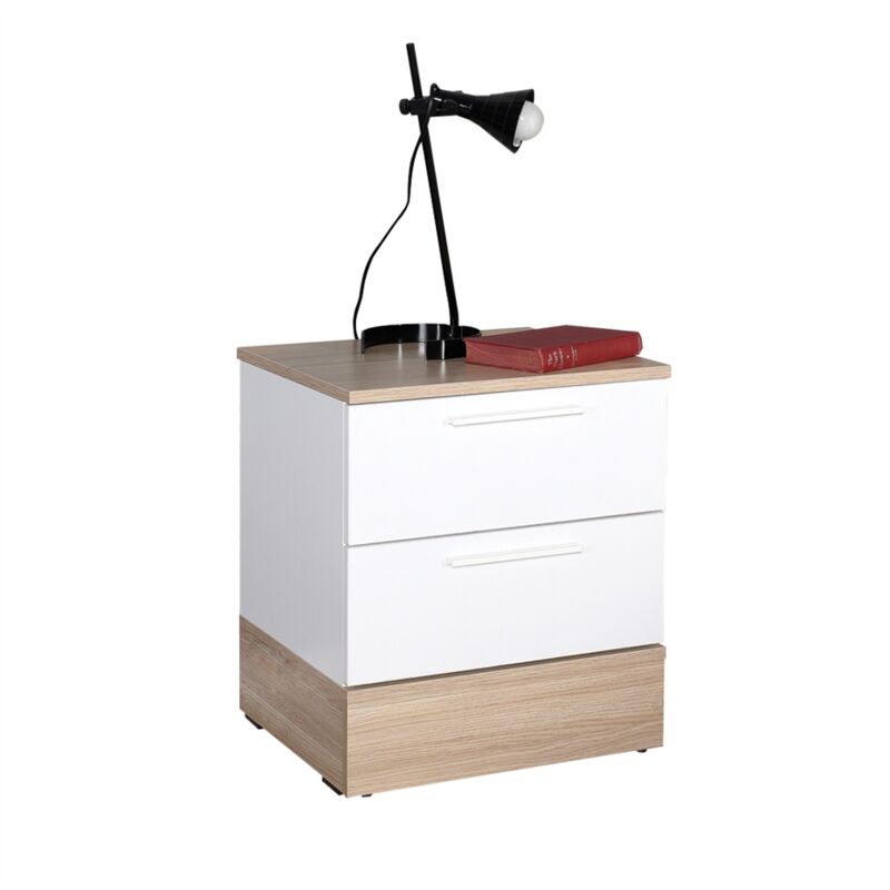 Two Drawer Bedside White with Oak - Brown