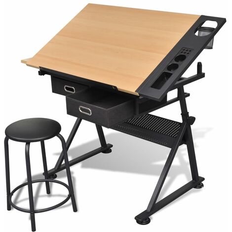 Two Drawers Tiltable Tabletop Drawing Table with Stool vidaXL