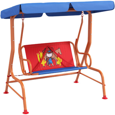 Two Seater Kids Garden Swing, Cowboy Themed kids Swing Chair with Adjustable Canopy, Safety Belts for Outdoor Use