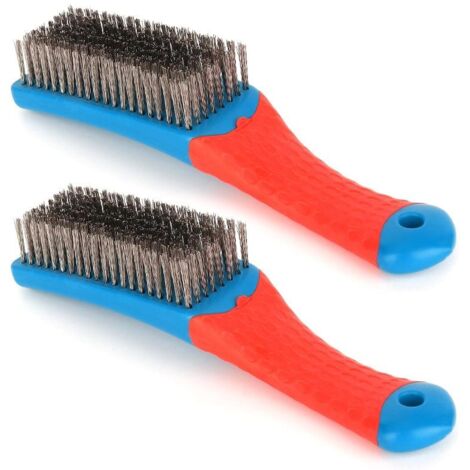 Two sets of heavy duty stainless steel wire cleaning brush metal rust paint removal tool rubber coating handle Red Blue