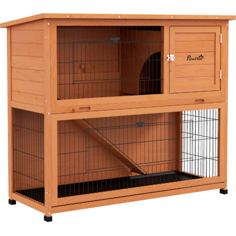 Two-Tier Antiseptic Wood Rabbit Hutch, 102cm Guinea Pig Hutch with Run - Orange
