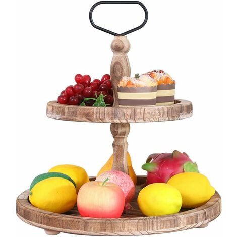 Two Tier Wooden Tray, Two Tier Distressed Wood Tray, Two Tier Round Serving Tray for Kitchen Counter, Dining Table (Light Brown)