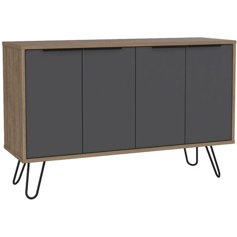 main image of "Two Tone Modern Bleached Oak Large Wide Sideboard Cupboard 4 Grey Door Storage"