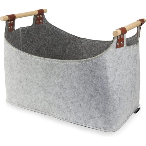 Two-tone recycled felt log bag, 5 mm thick, with sturdy wooden carrying handles for firewood, newspapers, toys (light grey/grey)