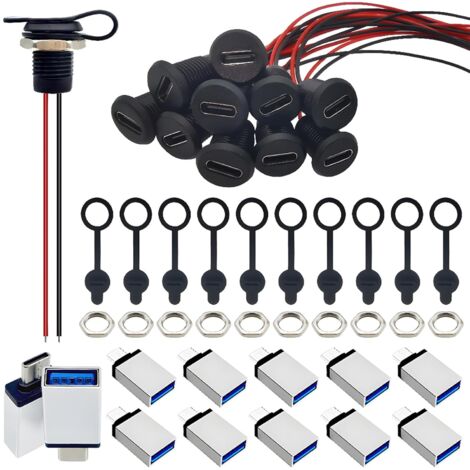 Typ-C-Einbaukabel (weiblich) mit wasserdichter Kappe und 2-adrigem Anschlusskabel, 10 Sets USB-C-Verlängerungskabel mit Adaptern (nur zum Laden)