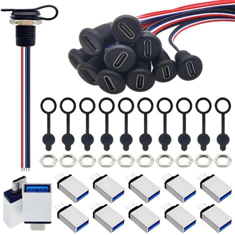 Typ-C-Einbaukabel, weiblicher Chassis-Stecker mit wasserdichter Abdeckung und 4-adrigem Anschlusskabel, OTG-Adapter, für Datenübertragung und Laden (10 Sets)