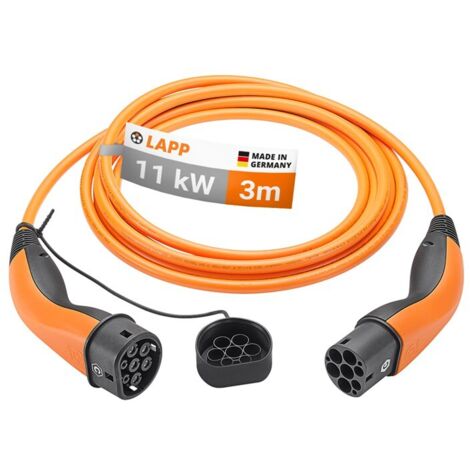 Type 2 Câble de Recharge, jusqu'à 11 kW, 3 m, orange, (5555934051) 20 A, triphasé, pour la recharge de voitures hybrides et électriques avec connexion de type 2. Longueur de câble 3 m