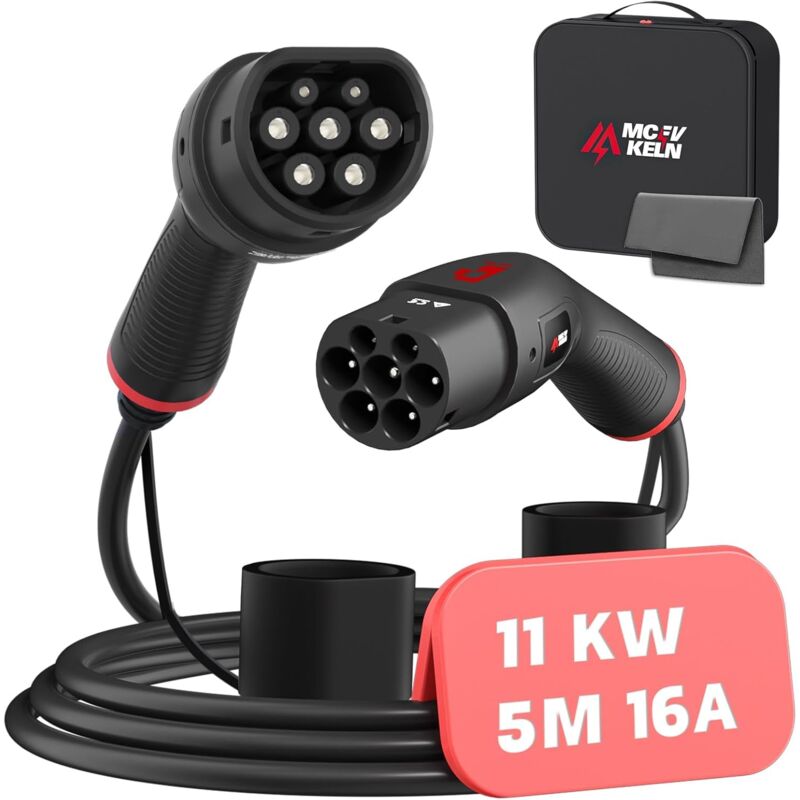 Type 2 Câble de Recharge pour Voiture Électrique et phev, Type 2 à Type 2, 11KW 16A, Triphasé, 5M Câble T2 Compatible avec Model 3,Y, Zoe, e 208, 500
