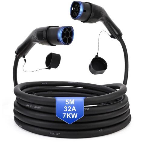 Type 2 Câble Recharge Voiture Electrique 32A 7KW Monophasé Mode 2 Cable Type 2 pour Type 2 vers Type 2 EV Chargeur Cable Compatible avec Tous Les modèles Type 2,IP54