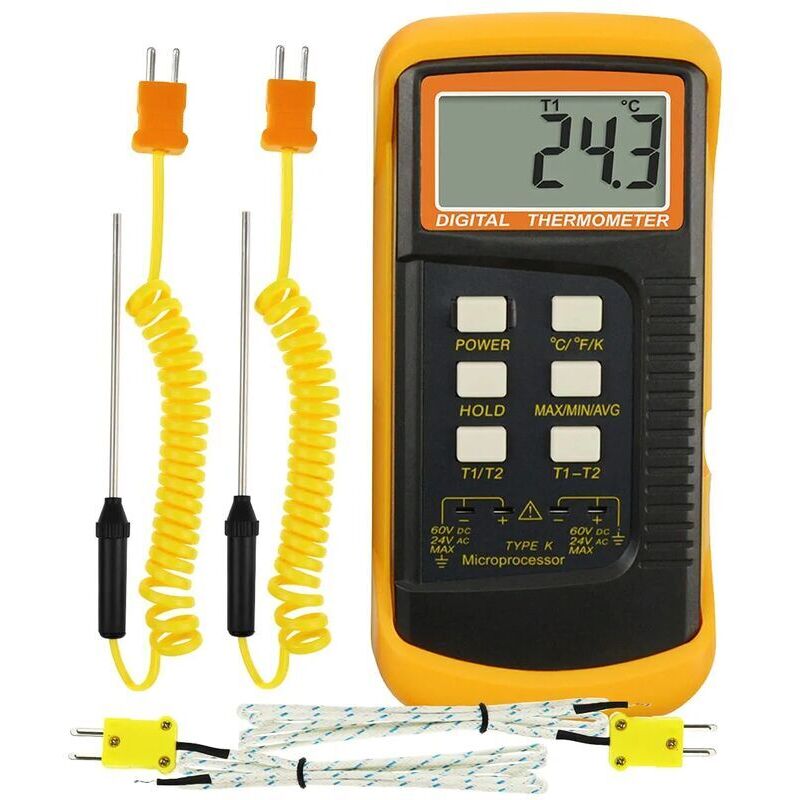 Type K digital thermocouple thermometer (-50 to 300°C) with dual channel and 4 thermocouples (wire and stainless steel). High-precision portable