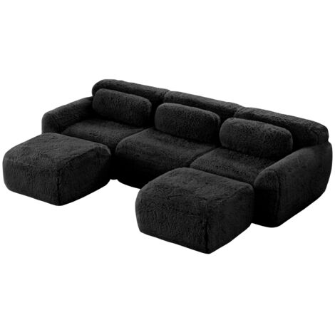 U-förmiges modulares Sofa, Plüschstoff, keine Montage, rutschfester Boden, mit Kissen. Ergonomische Unterstützung, hochelastischer Schaumstoff, geeignet für Wohnzimmer, Schlafzimmer, Schwarz