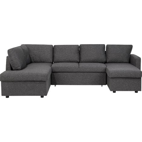 U-Shaped Sofa Bed Dark Grey Modern 5 Seater Storage Fabric Upholstered Karrabo - Grey