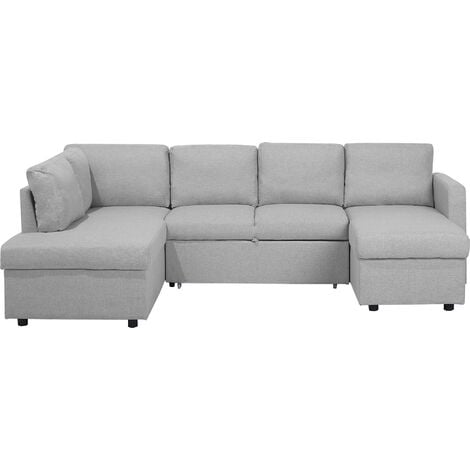U-Shaped Sofa Bed Light Grey Modern 5 Seater Storage Fabric Upholstered Karrabo - Grey