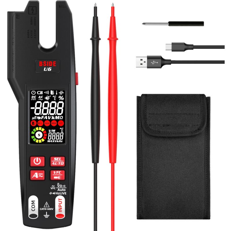 U6 Testeur Électrique avec Thermomètre Infrarouge Pince Ampèremétrique Ouverte AC DC 600A LCD Couleur 9999 Comptes VFC Multimètre Numérique