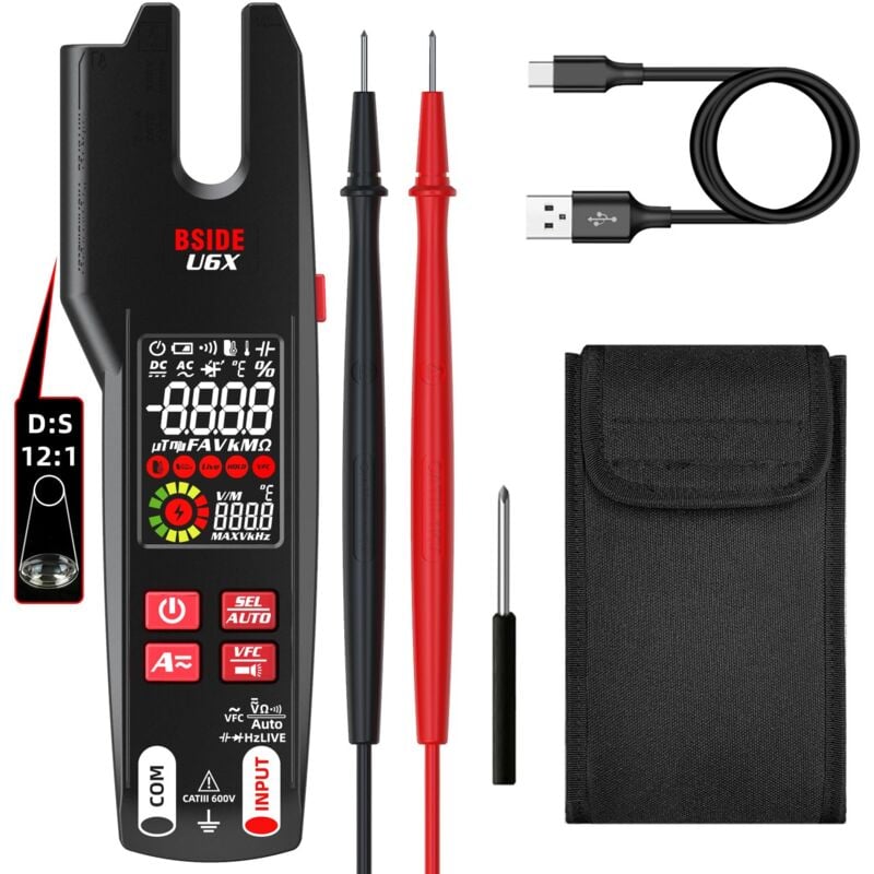 Durficst - U6X Testeur Électrique Pince Ampèremétrique Ouverte ac dc 600A avec Thermomètre ir Amélioré 12:1 lcd Couleur 9999 Comptes vfc Multimètre