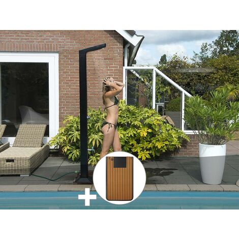 Ubbink – Douche solaire 35 L avec mitigeur – Colonne en aluminium noir – Éclairage LED avec détecteur de mouvement – Plancher en bois teck