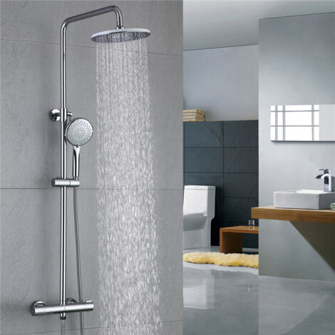 Ubeegol – Colonne de douche thermostatique 8 pouces – Mitigeur en laiton anti-bactérien – Douchette 5 pouces avec 2 jets – Flexible 150 cm
