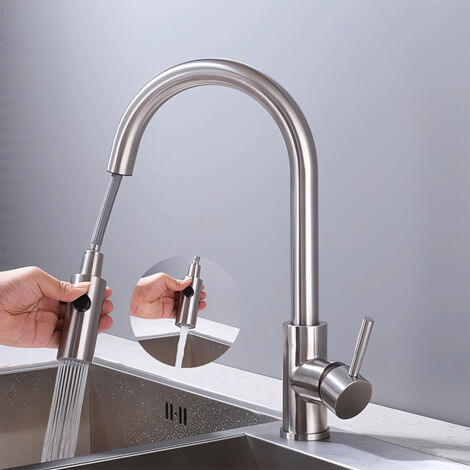 Ubeegol – Mitigeur de cuisine avec douchette extractible – Acier inox brossé – Bec rotatif 360° – 2 jets – Hauteur sous bec 185 mm