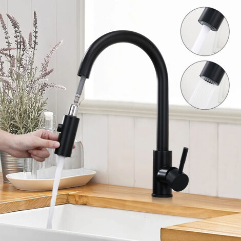 Ubeegol – Mitigeur de cuisine noir à douchette extractible – 2 modes de pulvérisation – Acier inoxydable – Hauteur sous bec 180mm – Rotation 360°