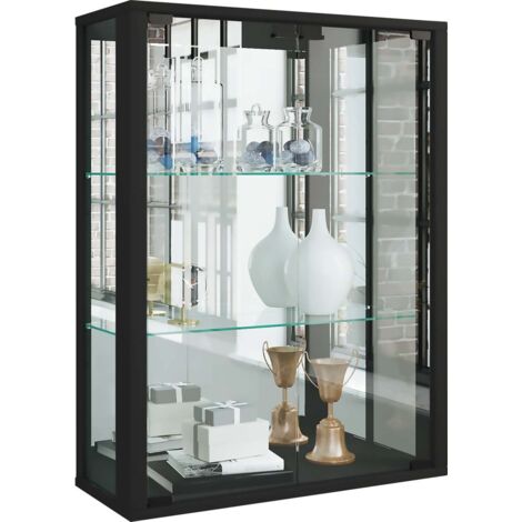 Udina Vitrinenschrank wandhängend mit Spiegel 2 Glastüren schwarz.