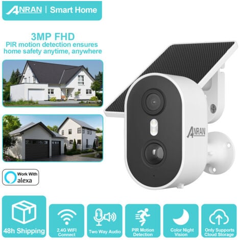 Überwachungskamera Aussen Akku, Kabellose Überwachungskamera mit Solarpanel, PIR-Bewegungserkennung und Alarm, Farbnachtsicht, Alexa Unterstützt, 2-Wege-Audio, ANRAN C2 Weiß