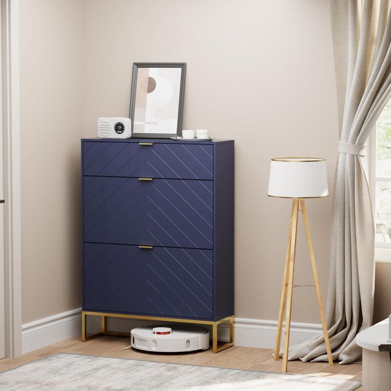 UEV - Armoire à Chaussure, avec 2 Rangements Chaussure et 1 Étagère Caché, Étagère Réglable à 2 Positions, Motif en Ligne, Étagère à Chaussures pour