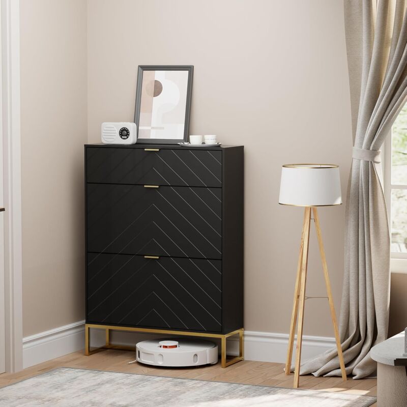 UEV - Armoire à Chaussure, avec 2 Rangements Chaussure et 1 Étagère Caché, Étagère Réglable à 2 Positions, Motif en Ligne, Étagère à Chaussures pour