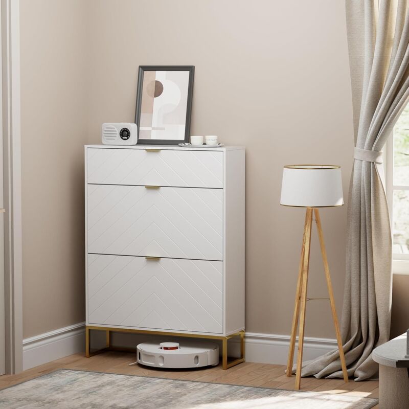 Armoire à Chaussure, avec 2 Rangements Chaussure et 1 Étagère Caché, Étagère Réglable à 2 Positions, Motif en Ligne, Étagère à Chaussures pour Salon,